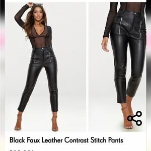 NWT Prettylittlething Black Faux Leather Contrast Stitch Pants